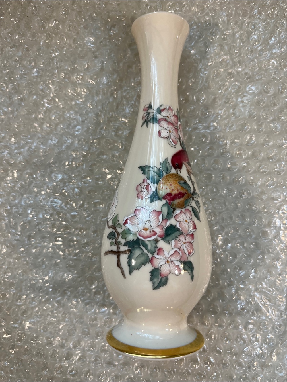Ivory Floral Porcelain Bud Vase with Pink Blossom Design